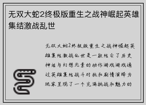 无双大蛇2终极版重生之战神崛起英雄集结激战乱世