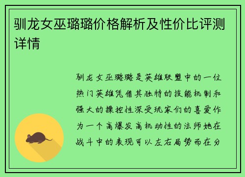 驯龙女巫璐璐价格解析及性价比评测详情